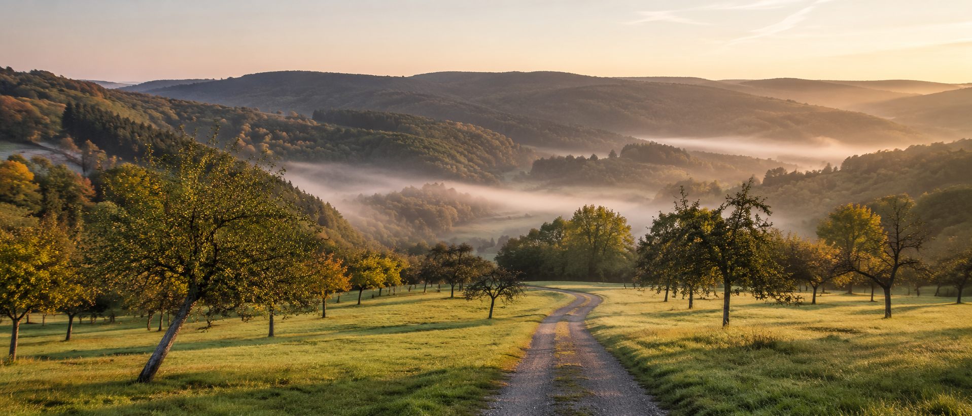 Eifel-Landschaft im Frühherbst mit Wegen, Streuobstwiese und Morgennebel über den Hügeln