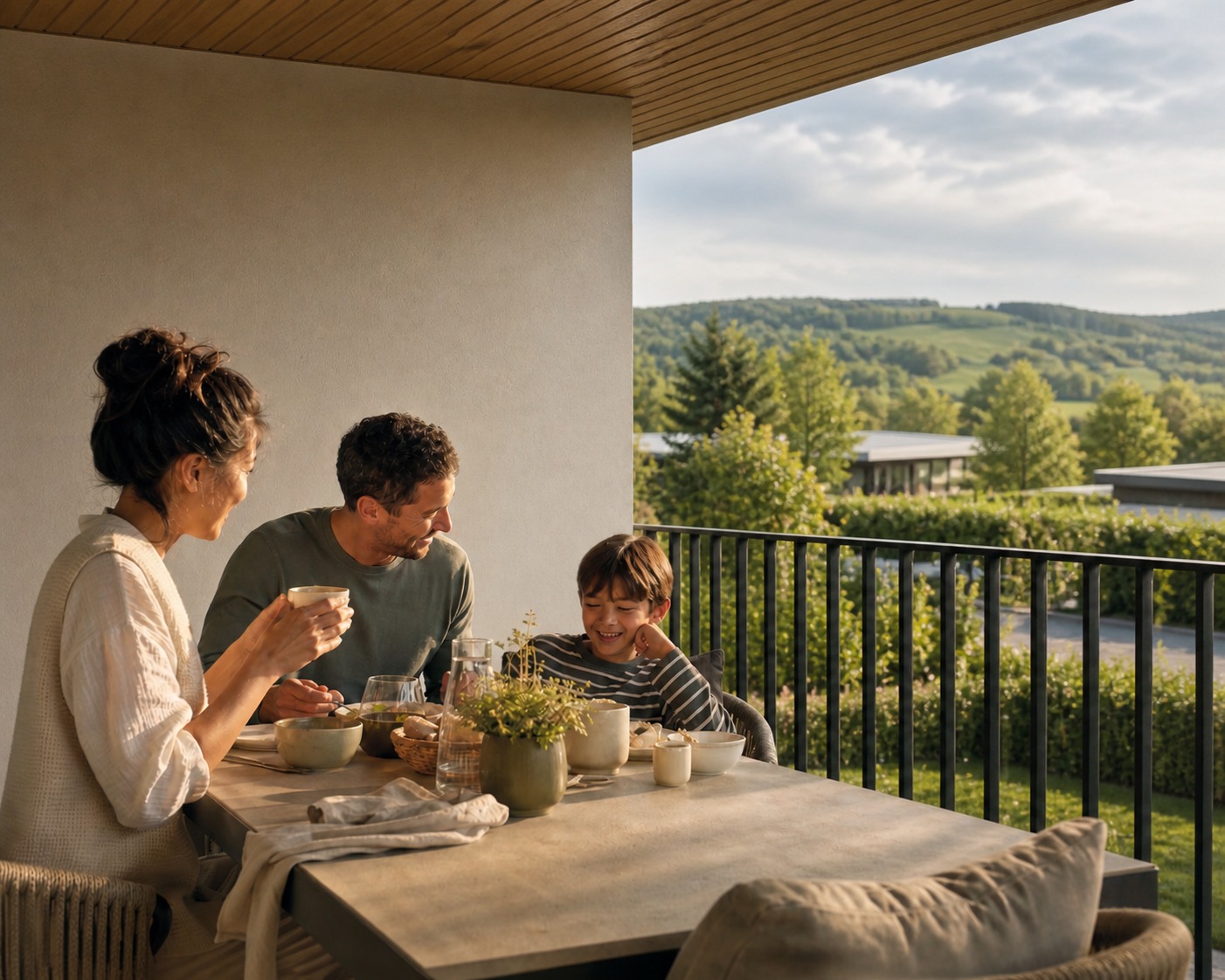 Familie beim Frühstück auf der Loggia, Morgenlicht und Eifel-Aussicht