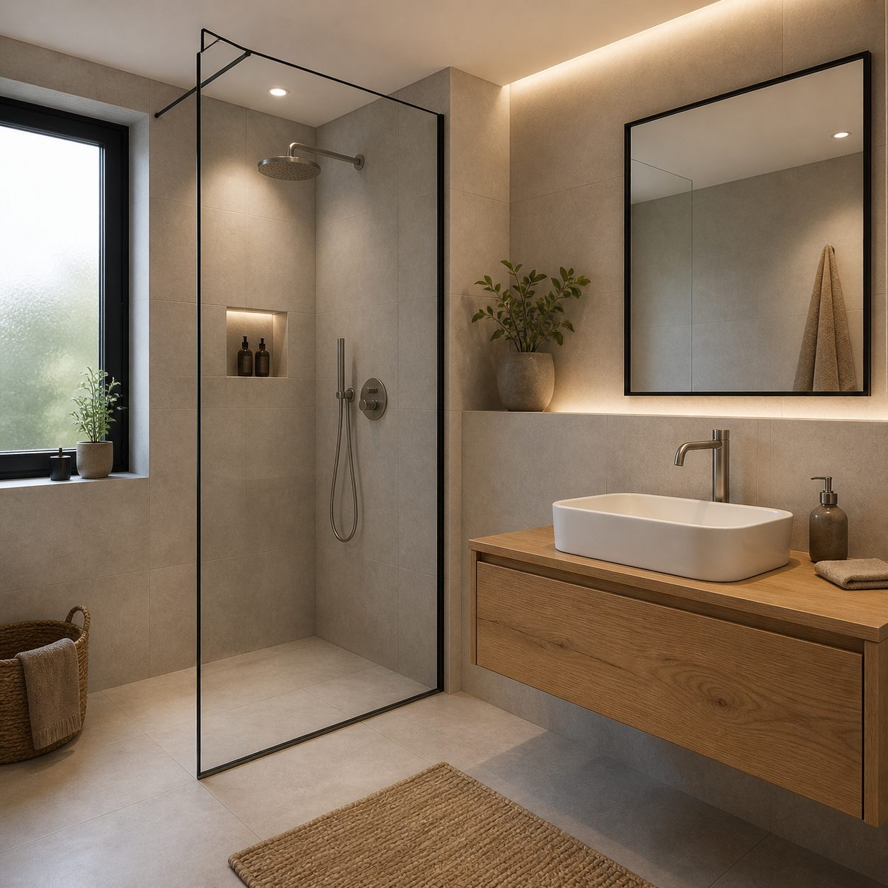 Modernes Bad mit Walk-in-Dusche und Holzwaschtisch