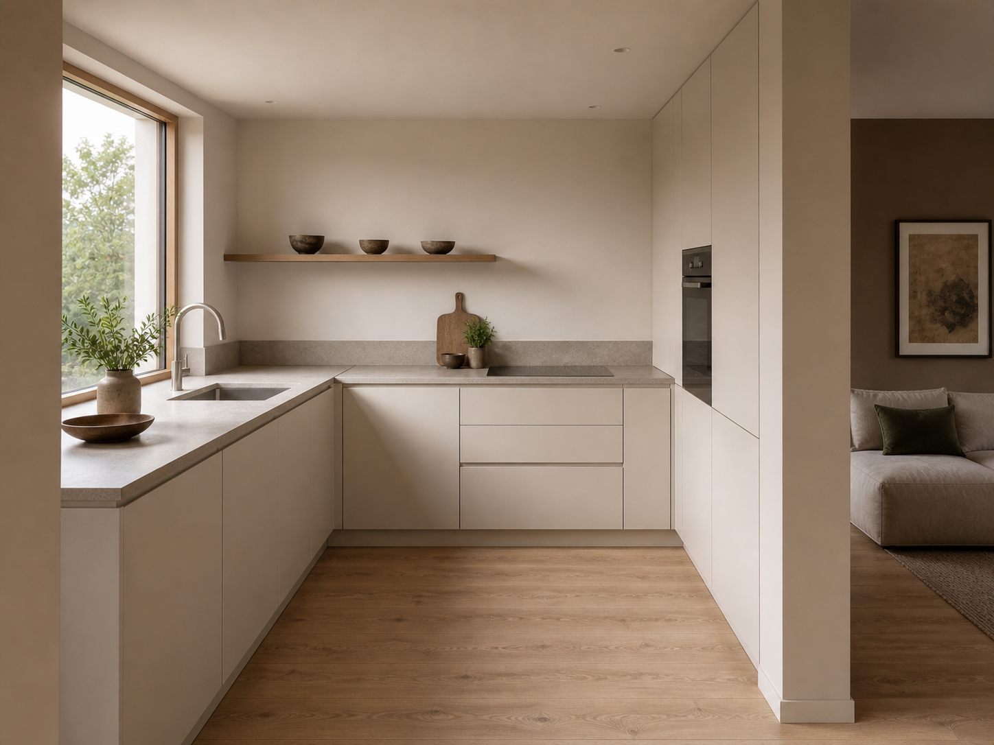 Moderne Küche mit Eichenparkett und Tageslicht