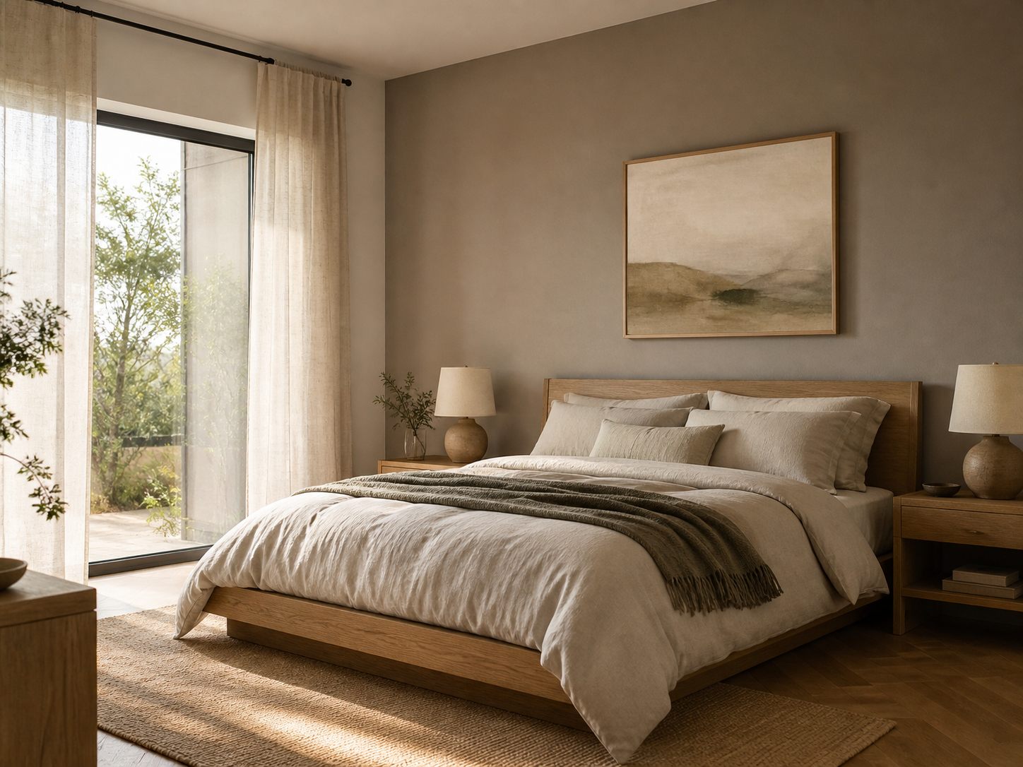 Schlafzimmer mit Eichenholz, Leinenbettwäsche und Tageslicht