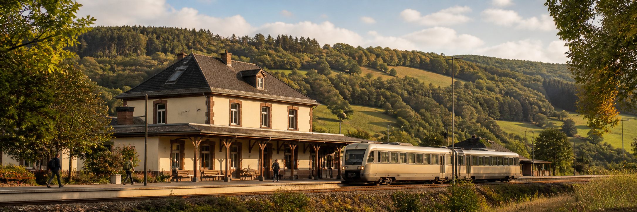 Bahnhof Kall mit historischem Bahnhofsgebäude und Eifel-Hügeln im Hintergrund