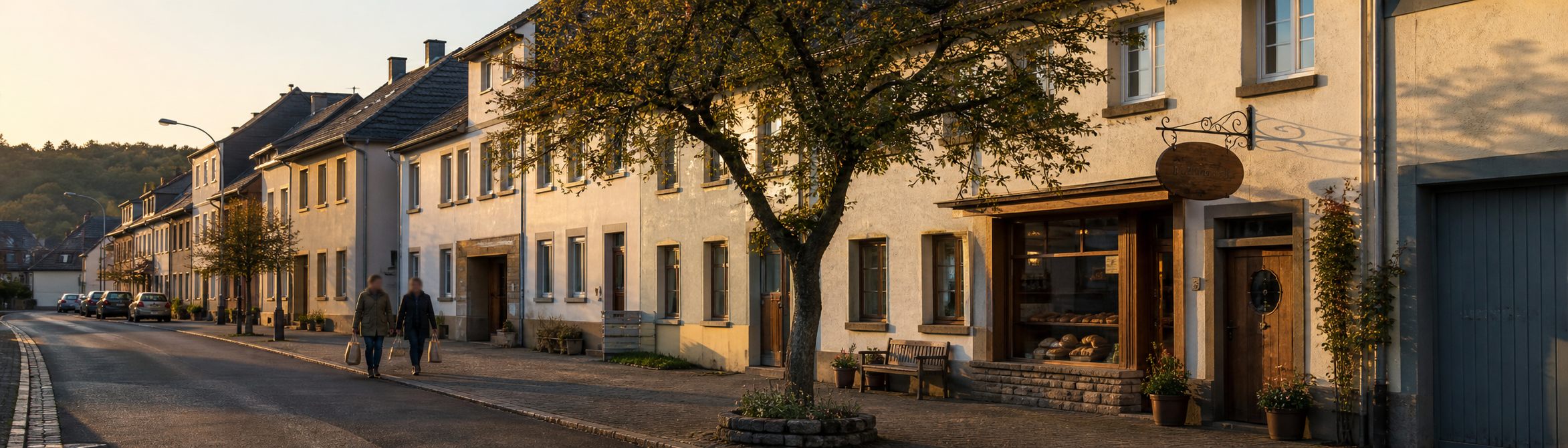 Dorfstraße in der Eifel mit Spätsommerlicht und Spaziergängern